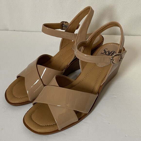 Sofft Gabella Wedge Sandals Sz 7.5 Beige Patent Leather Open Toe Ankle Strap - Picture 2 of 16